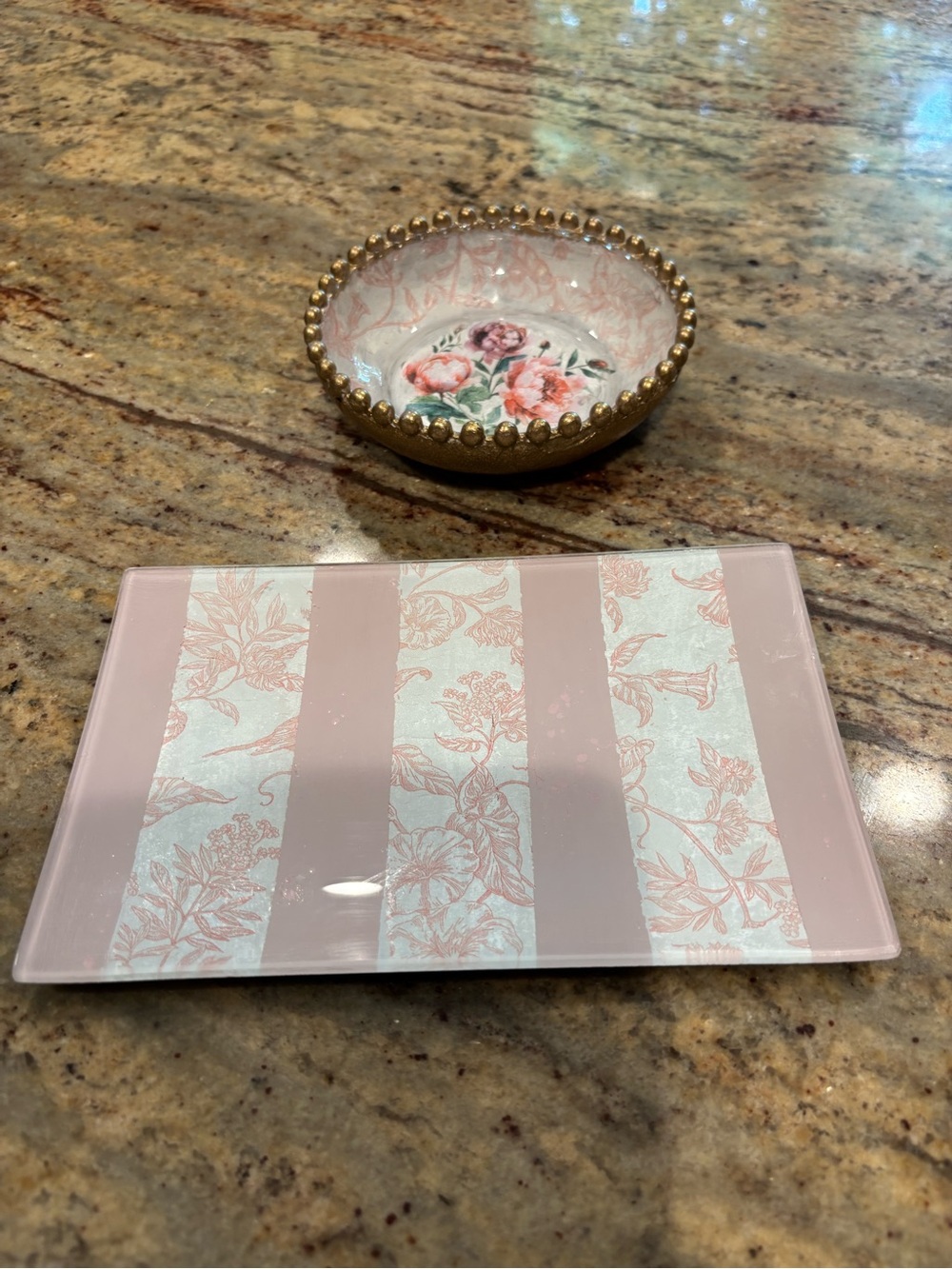 Set - DecoupagedPink Striped Decorative Tray with Floral Accent and Trinket Dish